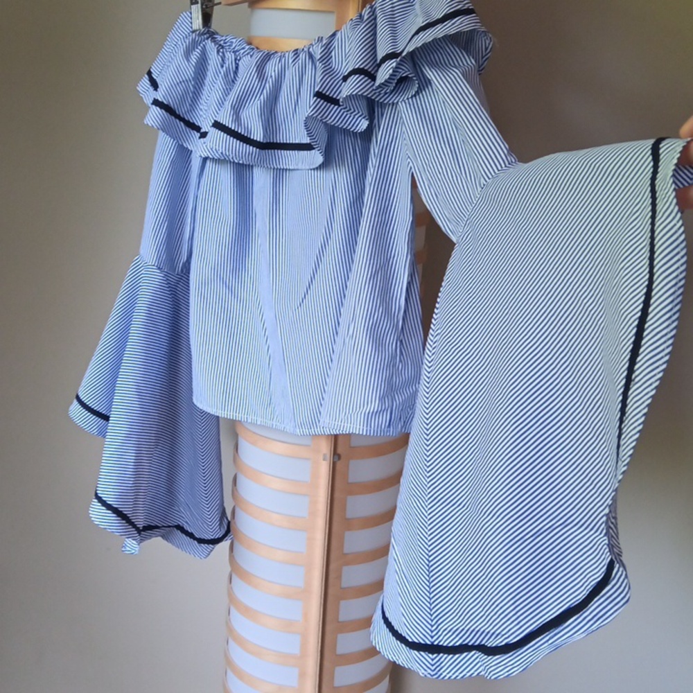 Ptp19" Striped Off-Shoulder Ruffled Blouse with Flared Sleeves - Picture 3 of 12